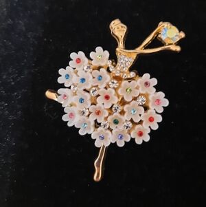Elegant Gold Ballerina Brooch with Colorful Floral Accents 2'' Box 2.5